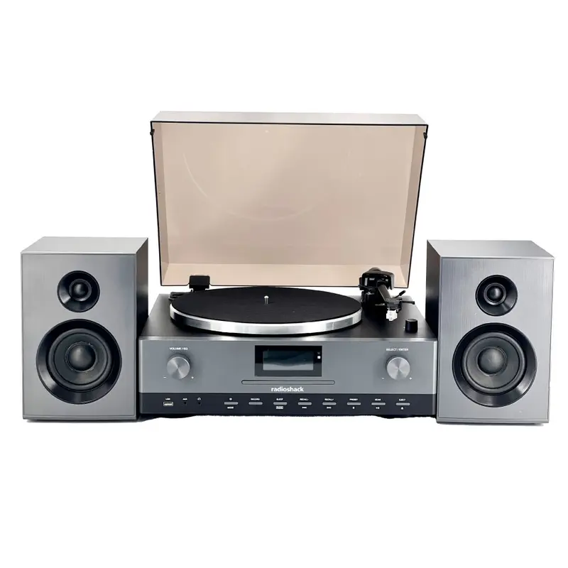 RadioShack 4001798 Tabletop Hi-Fi Turntable - Vinyl Records Player, 2-Channel Stereo Audio, ABS Plastic Build, 2 Detachable Speakers, CD Input, USB Input, Wireless BT Play, Hifi Vinyl Playback, Antiskate Tracking