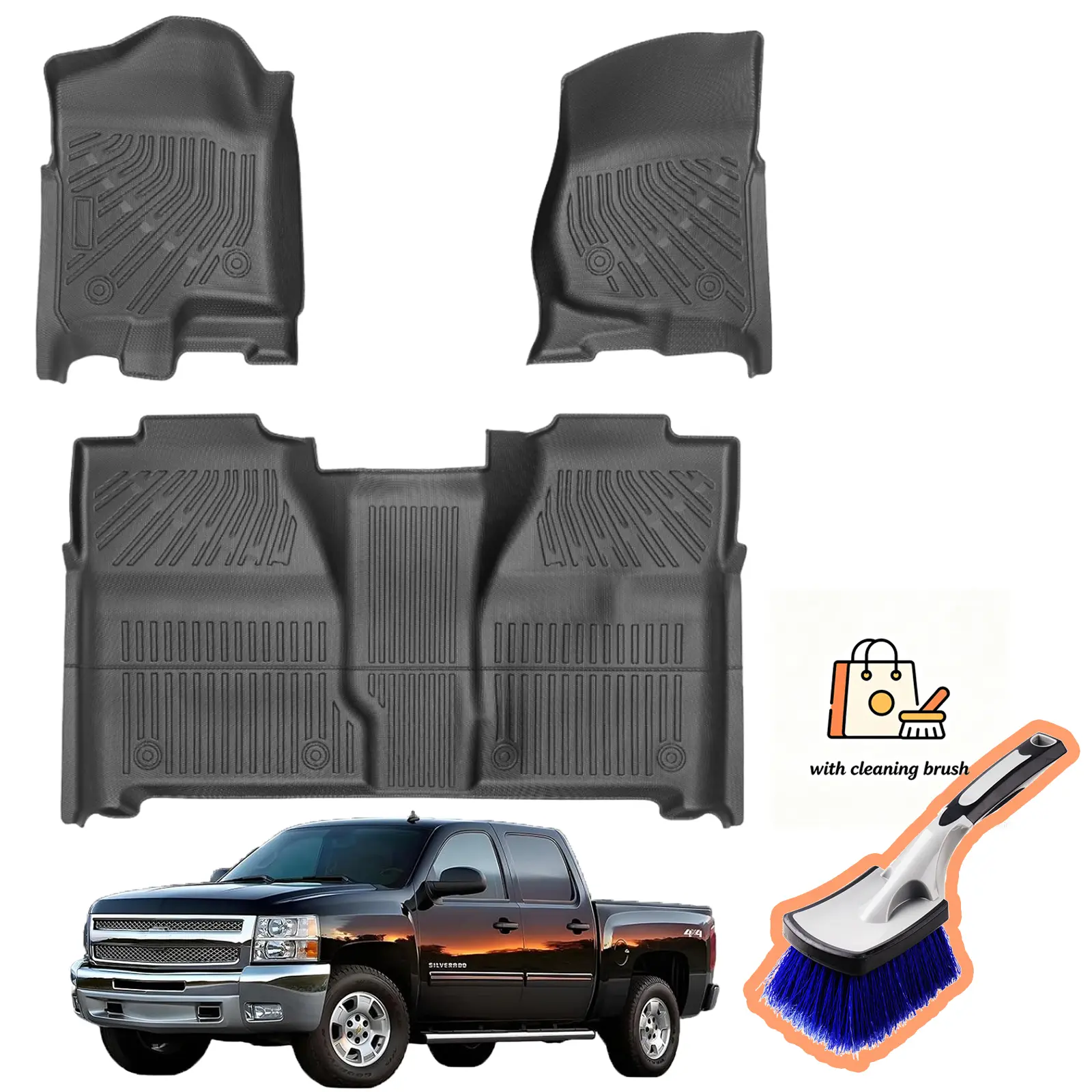 Canvcle Nonslip All-Weather TPE Automotive Mats, Full Coverage Floor Mats for Trucks for Construction Workers, Chevy Silverado & GMC Sierra Accessory: 1500 Crewcab 2007-2013, 2500HD/3500HD Crewcab 2007-2014 (Not Hybrid), Free Cleaning Brush Included, Car