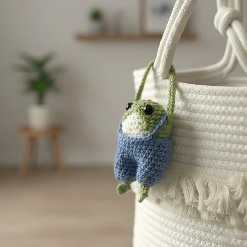 Cute Handmade Crochet Frog Plushie with Blue Overalls, Amigurumi Frog Doll, Cute Animal Toy, Frog Lovers, Froggy Crochet, Knitted Frog