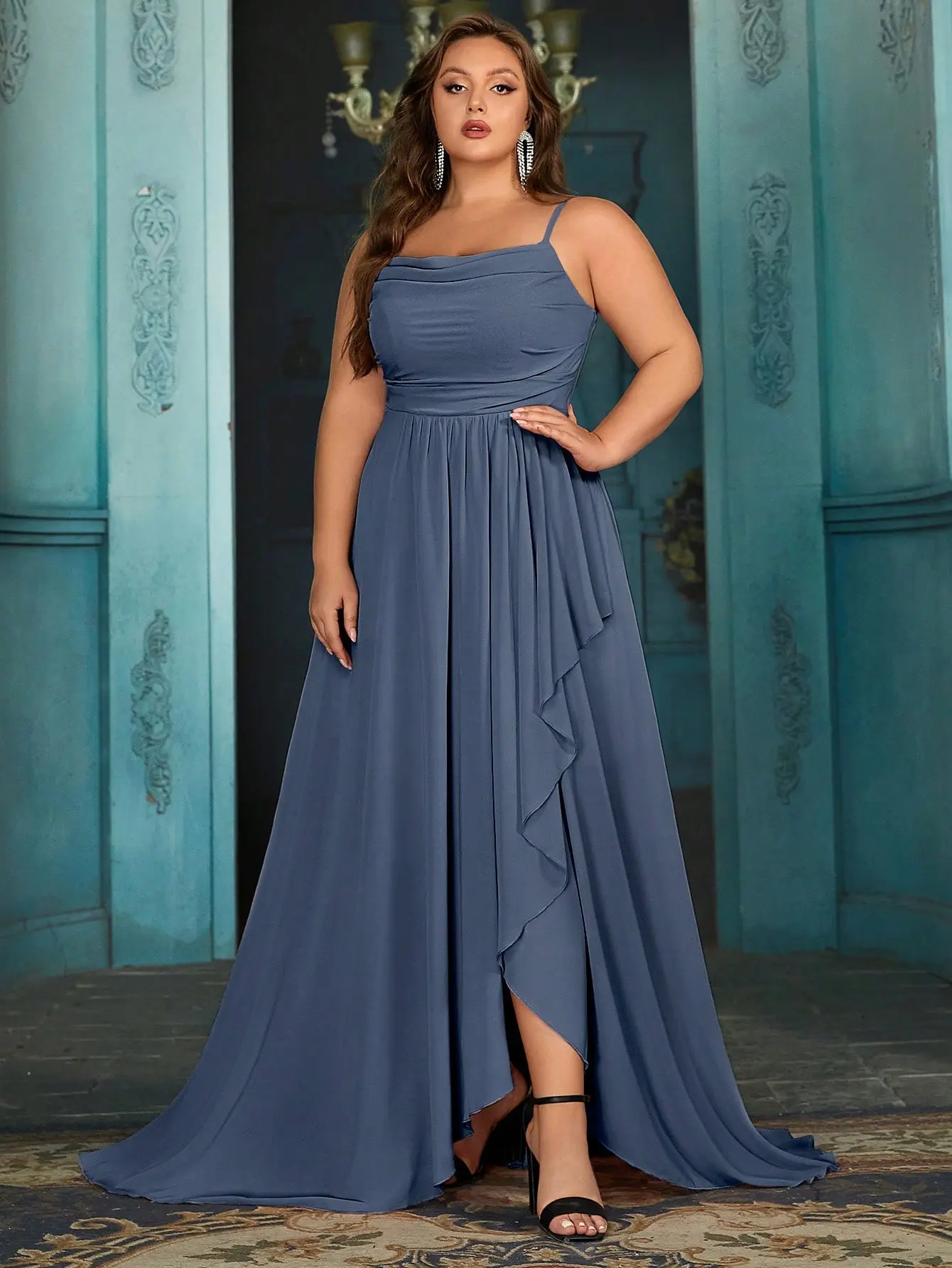 dusty blue dresses for wedding guest plus size Plus Size Blue Long Bridesmaid Dresses Modest Mother of the Bride Dress PB10094