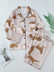 Teen Long Sleeve Satin Pajama Set, Leopard & Money Print, Button-Up Top & Long Pants, Cozy Home Sleepwear