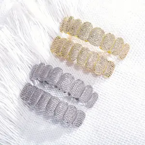 2 Pcs/Set Golden Plated Iced Out Faux Diamond Silvery Grillz - 8 Fang Iced Micro Pave Teeth Grills for Men, Rapper Costume Jewelry Accessory