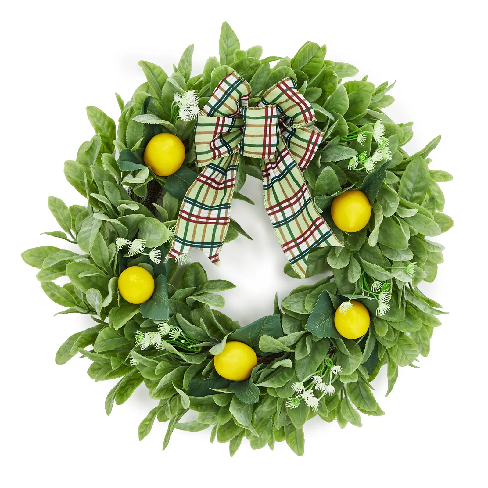 Spring Summer Wreaths for Front Door, 20-Inch Farmhouse Lemon Wreath with Artificial Yellow Lemons, Lamb's Ear Leaves and Plaid Bow for Porch, Kitchen, Window and Wall Decor