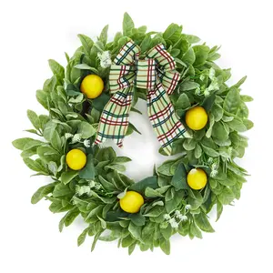 20 Inch Summer Wreaths for Front Door with Artificial Lemons and Lamb Ear Leaves, Yellow Green Spring Summer Wreath for Porch Wall Indoor Outdoor Farmhouse Home Decor