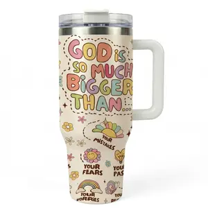 1pc 40oz Inspirational Tumbler, Flasks With Handle And Lid, "God Is So Much Bigger Than" Faith Quote Stainless Steel Insulated Travel Mug, Double Wall Vacuum Cup Keeps Drinks Cold 12H Hot 6H, Coffee Cup Gift For Women Moms Friends,Mother's Day Gift