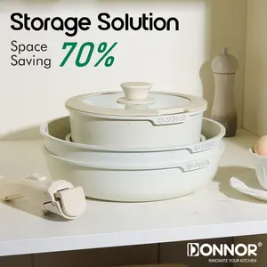 5Pcs Pots and Pans Set  Non toxic Healthy Non Stick Kitchen Cooking Set Induction Cookware Nonstick Ceramic Cookware Set PFAS-Free Detachable Handle with Lids Induction Cookware Oil White