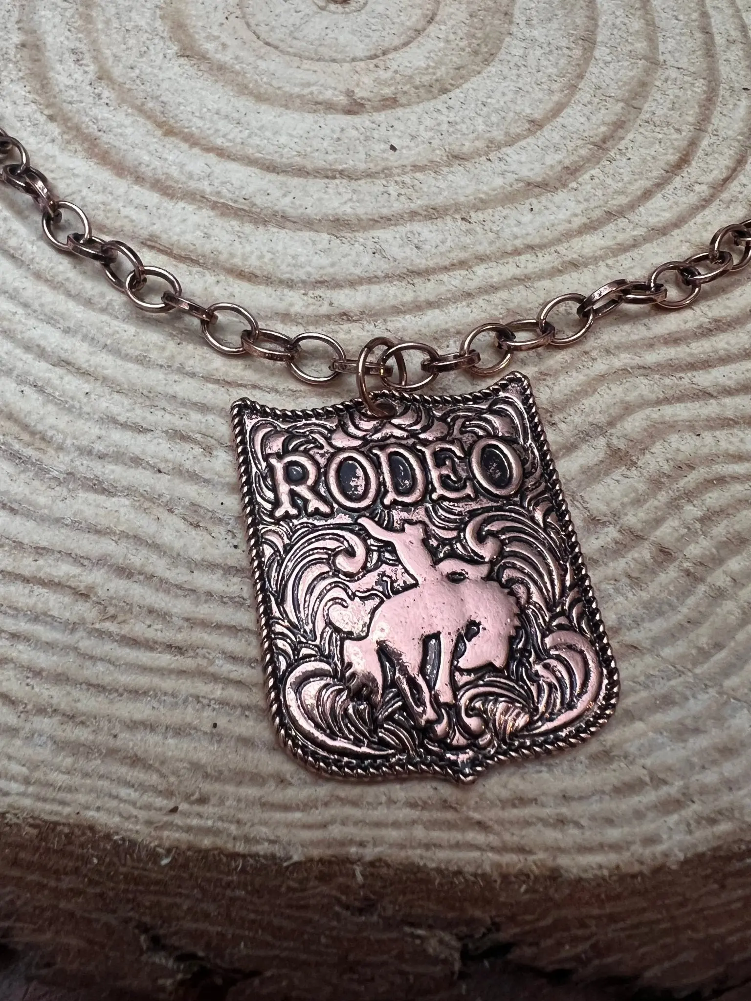 Western Rustic Brass Rodeo Pendant Necklace — 22 Inch Cowgirl Statement