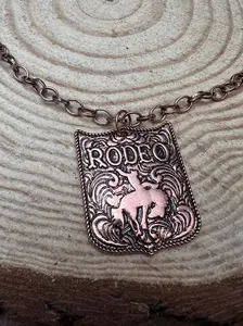 Rustic Brass Colored Rodeo Pendant Necklace – 22" Western Cowgirl Statement Jewelry