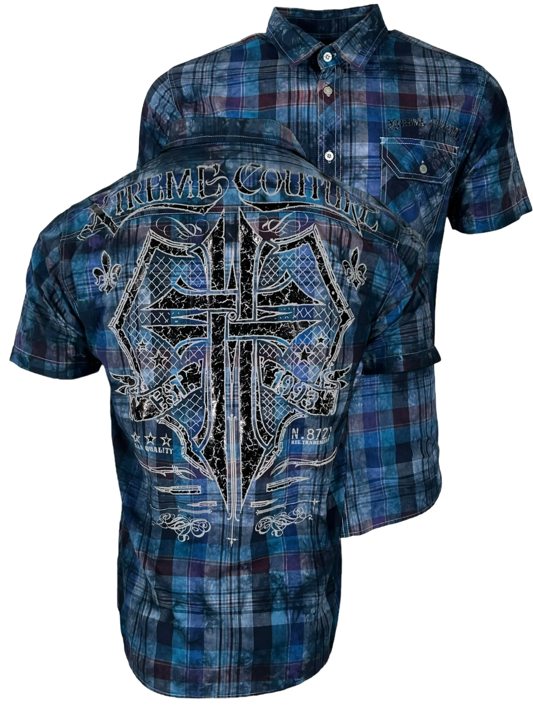 Xtreme Couture by Affliction Men's Cotton Short-Sleeve Crew Neck Graphic Button-Down Casual Shirt, Mensfashion Menswear Top, Rattle Design