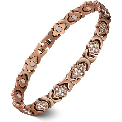 Feraco Women's 99.99% Pure Copper Adjustable 4-Leaf Clover Charm Anklet - 3800 Gauss Neodymium Magnet, 0.39 inches Cubic Zirconia, Lacquer Coating, Sizing Tool, Fashion Accessories, Adjustable & Comfortable Daily Wear Gift