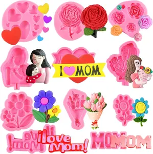11 Pcs Valentine's Day & Mother's Day Fondant Mold Set,3D Mom, I Love You,Rose,Tulip, Chocolate Mold Gift Making for Cupcake Cookie Decorating for Wedding Anniversary Mother's Day DIY Candy
