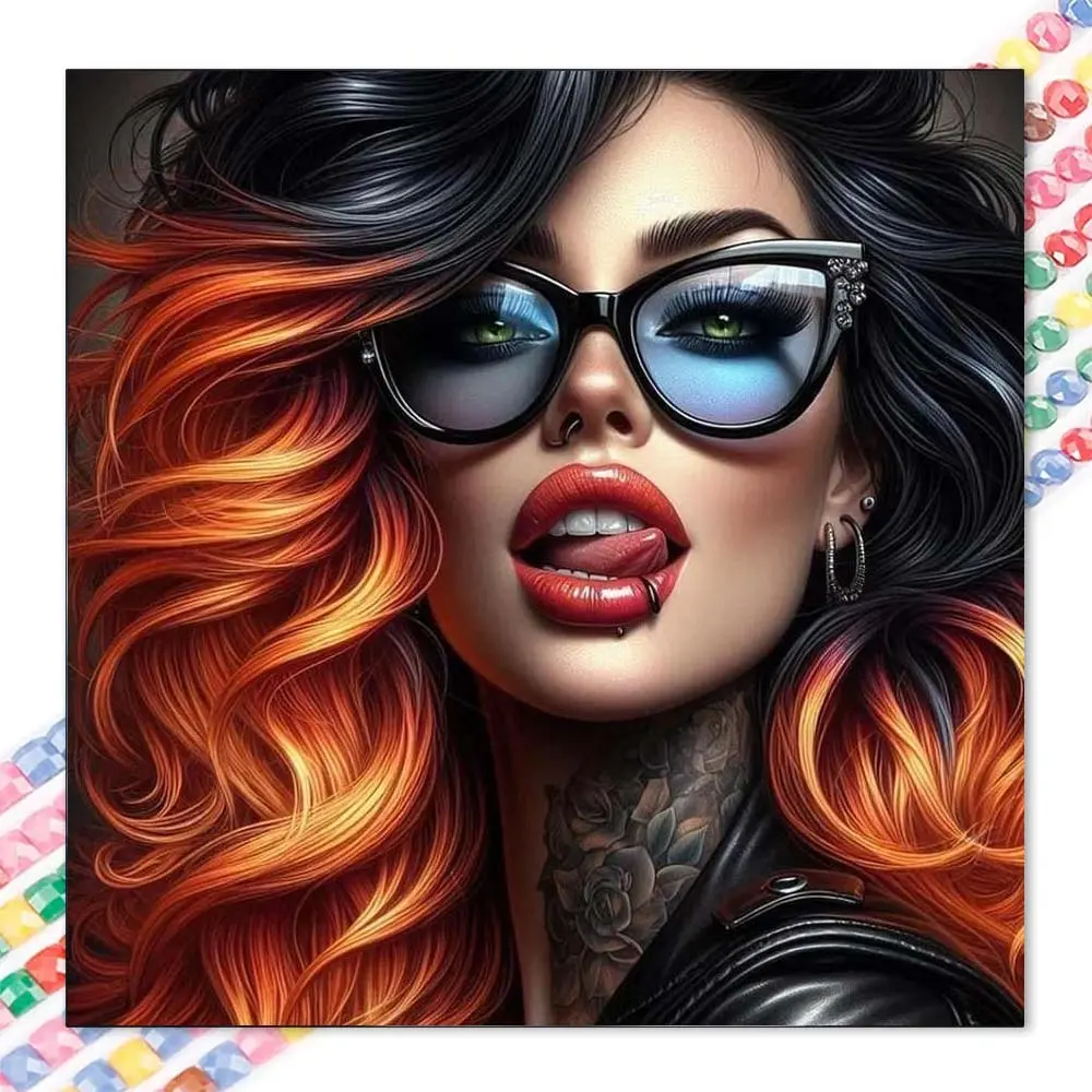 1 DIY diamond painting kit, 5D diamond art set, DIY decoration, colored long hair, rose tattoo, leather jacket diamond painting set full round diamonds, mosaic, diamond art, DIY art home decor, suitable for Christmas.