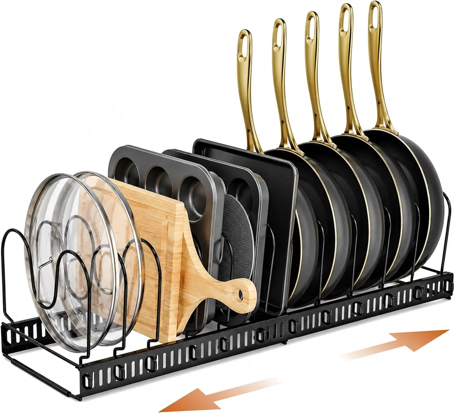 Norcalway Adjustable Bakeware, Pots and Pans Organizer Rack for Under Cabinet or Countertop, 11 Adjustable Dividers for Baking Sheets, Cookie Sheets, Cutting Boards, Pot Lids, Trays, Muffin Pans, Bakeware Storage and Kitchen Organization