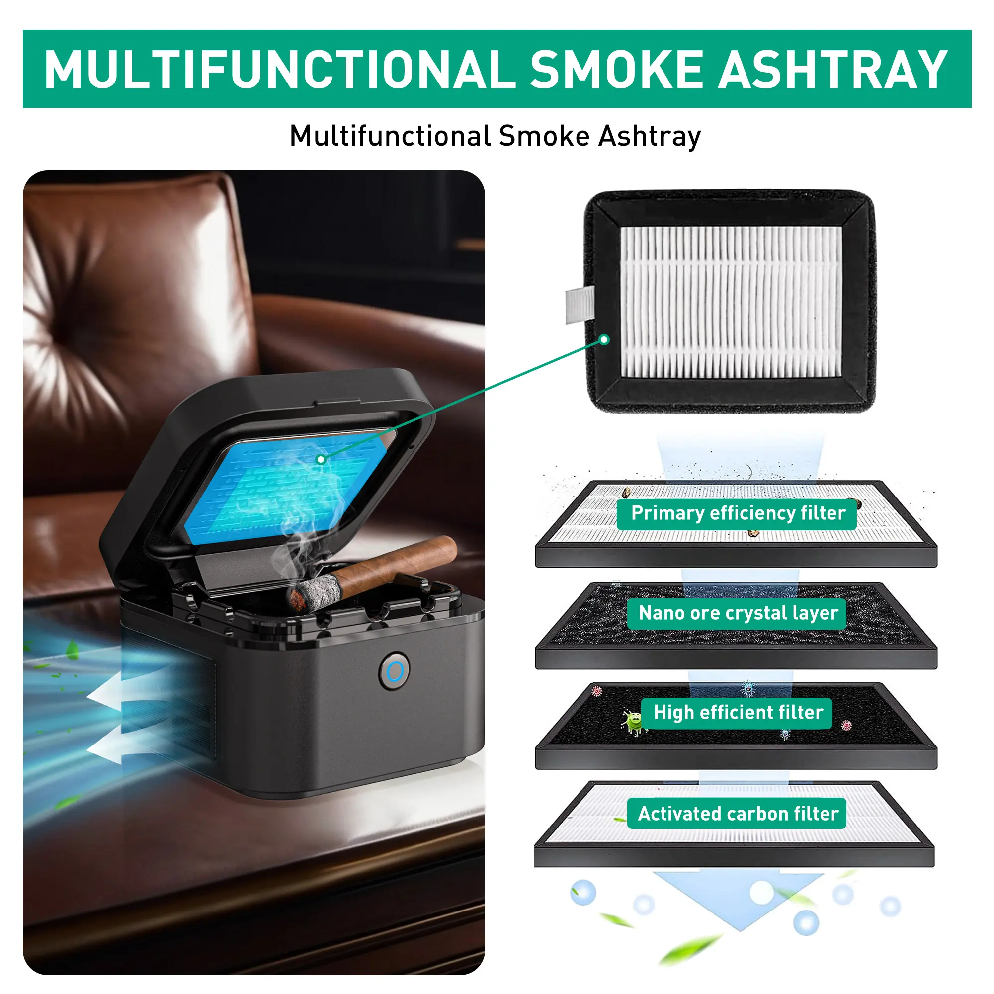 cigarette smoke filter machine 2 in 1 Air Purifier Multifunctional Smokeless Ashtray HEPA Filter Reduce  Smoke, USB Rechargeable Smoke Ashtray for Home Office Car