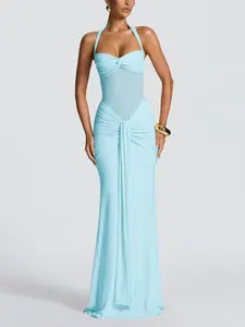 Women's Fashion Solid Color Sexy Halter Neck Fitted Long Dress, Lace Up Sleeveless Mesh Patchwork, Elegant Vacation Style