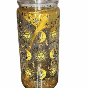 16oz Acrylic Tumbler Gold Lava Flow Gold Glitter Sun and Moon Design with Clear Lid and Straw for Stylish Beverages