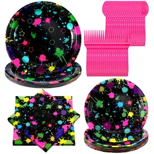 100 Pcs Neon Glow Party Plates, Napkins, Tableware for Birthday, Colorful Graffiti Party Decorations