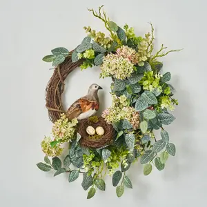 Spring Nesting - Quail Bird, Nest & Eggs with Mixed Spring Florals Asymmetric Front Door Easter Wreath