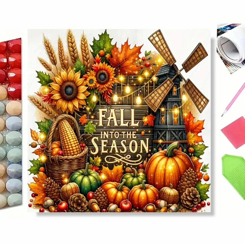 5D Full Drill Fall Harvest Festival with Pumpkins & Windmill Diamond Painting Kit - Cozy Autumn Charm | Heartfelt DIY Gift for Thanksgiving, Fall Enthusiasts & Birthdays | Warm Wall Art for Living Rooms, Kitchens & Harvest-Themed Spaces