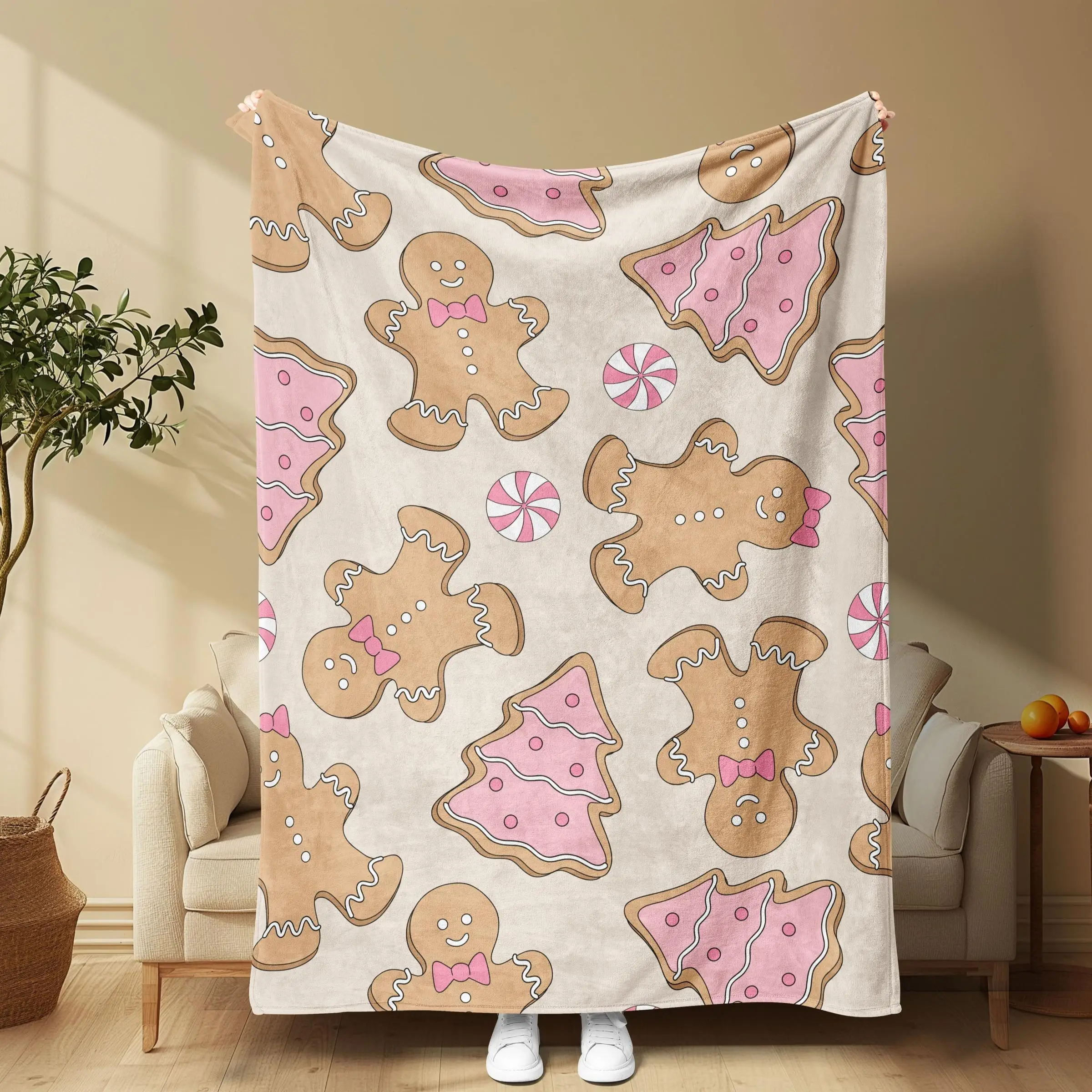Christmas Themed Gingerbread Man Pattern Blanket, 1/2 Counts Soft Warm Throw Blanket, Air-conditioned Room Blanket, Warm Nap Blanket for Home Office T