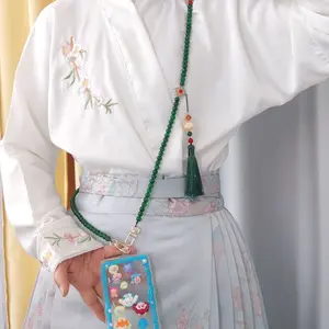 Phone Chain Chinese Style Phone Case with Strap Bag Hanging Necklace Crossbody Chain Lanyard Women Beaded Chinese Style Necklace Lotus Smartphone