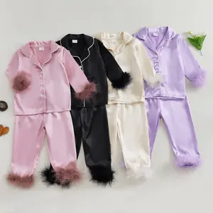 Little Girl Satin Pajama Set with Fuzzy Trim, Long Sleeve Button-Down Top & Elastic Waist Pants, 2-Piece Sleepwear Set for Kids Baby