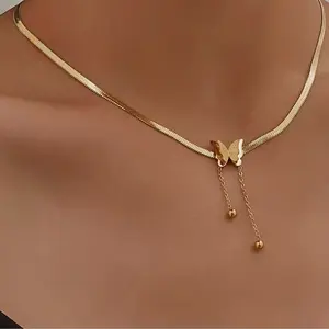 COLGANTE DE MARIPOSA Stainless Steel Necklace with Metal Coating Butterfly Design and Bead Details