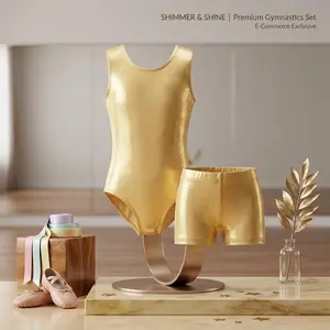 Girls Gymnastics Leotards 2 Piece Set - Shiny Sleeveless Bodysuit with Sparkly Breathable Shorts, Stretchy Comfortable Dancewear for Ballet Cheerleading Performance Practice, Kids Athletic Activewear Suit