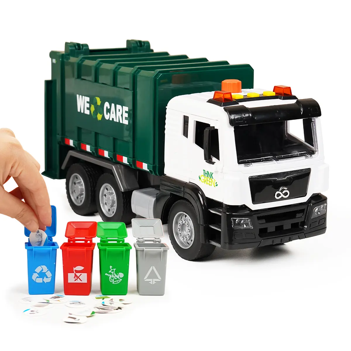 Garbage Truck Toy for Kids, Large Friction Powered Trash Truck Toy with Lights and Sounds, 4 Trash Bins and Sorting Cards, Perfect Gift for Kids
