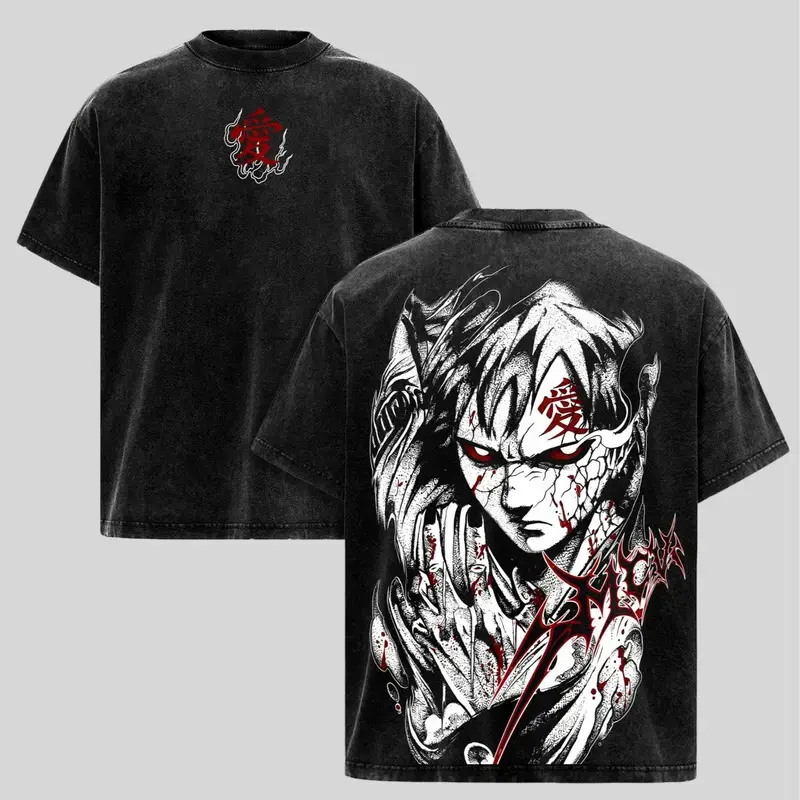 Gaara - Naruto Anime Double Printed Vintage Washed Tee Unisex Oversize Anime Manga Washed Heavyweight Cotton T-shirt, Gift For Anime Fan Crewneck Streetwear Tshirt
