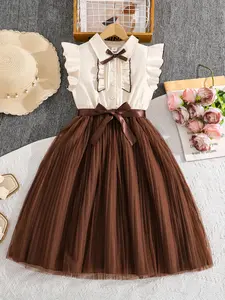 Girls' Bow-Embellished Flared Sleeve Dress, Stylish Sweet Look for Daily Parties, Cute and Trendy Design with Collar