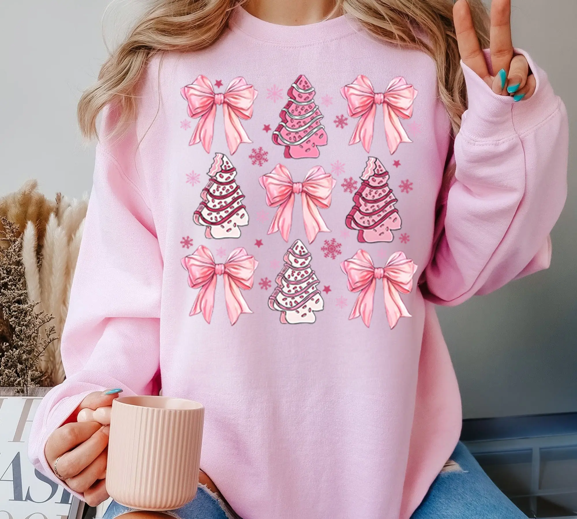 Coquette Pink Christmas Sweatshirt, Pink Christmas Tree Sweater, Pink Bow Shirt, Christmas Bow Trending, Vintage Christmas Sweatshirt, Holiday vibes Shirt, Coquette Bow Shirt, Women's Holiday Party Shirt, Retro Christmas, Christmas 2024 sweater