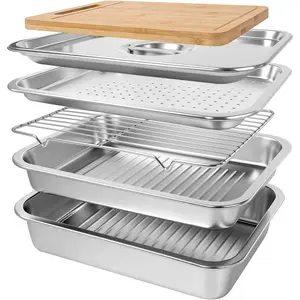 6-in-1 Grilling Prep and Serve Trays Set, 15.7" Stainless Steel Grill Carry System with Lid, Punched Tray, Draining Rack and Bamboo Cutting Board, BBQ Meat Marinade Container, Grilling Gifts for Men
