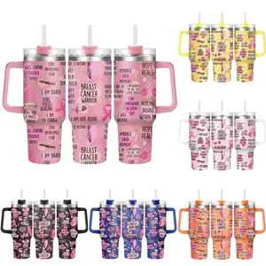 Breast Cancer Themed Stainless Steel Water Bottle, 1 Count 40oz Tumbler with Lid, Drinking Cup for Home Office School Outdoor Camping, Drinkware