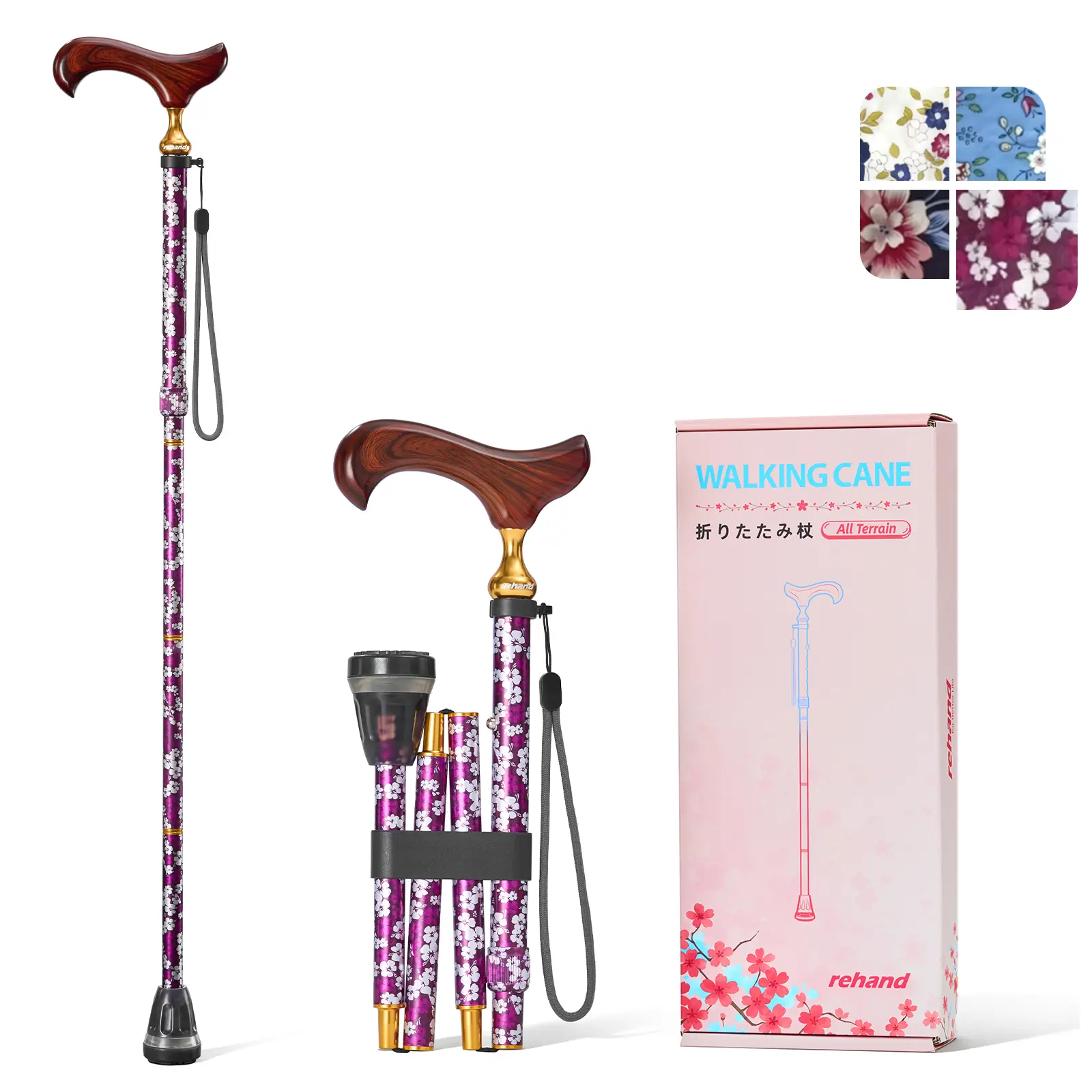 Rehand Walking Cane for Men & Women - 5 Level Adjustable Height，Foldable，Lightweight，Wooden Handle Grip，Collapsible Walking Sticks for Seniors & Adults