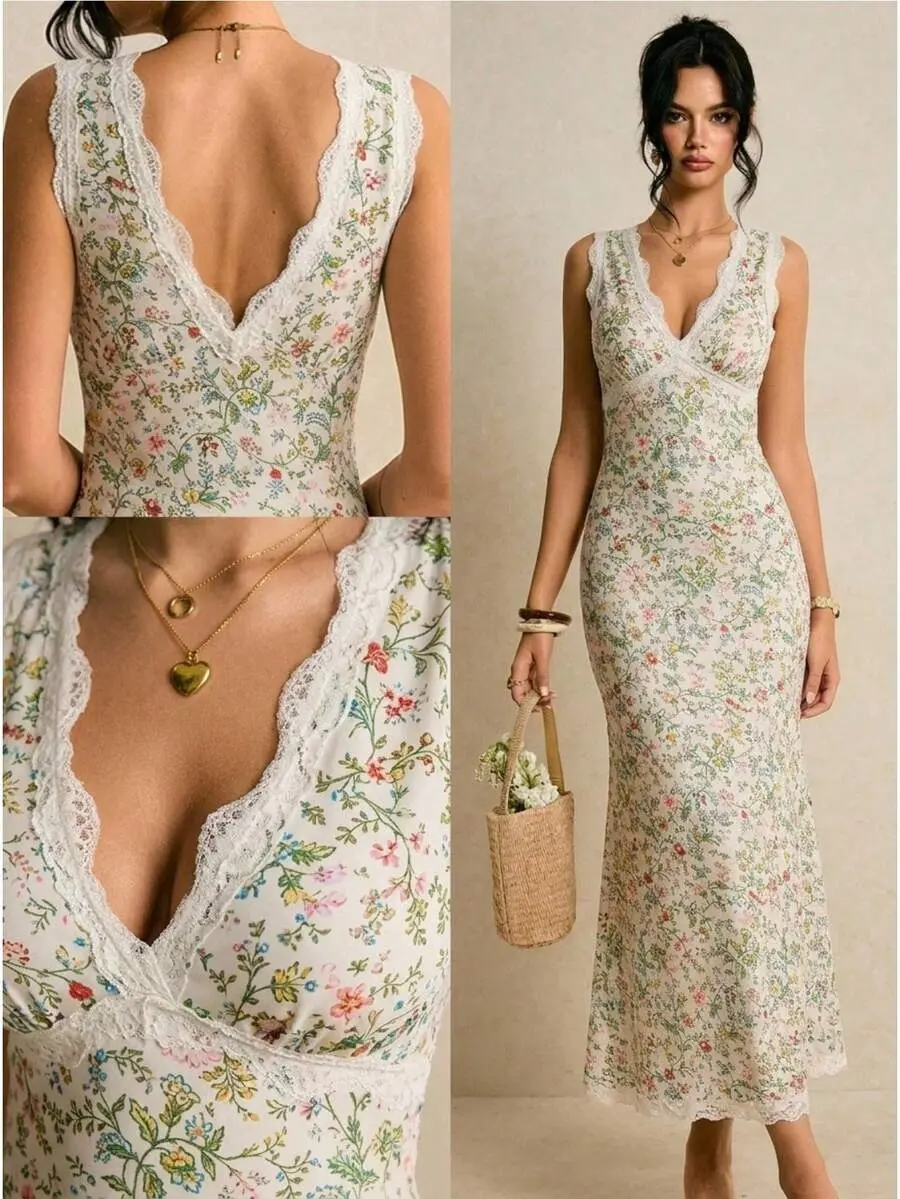 Women's Elegant Tropical Cottage Core Romantic Casual V-Neck Lace Patchwork All-Over Print Fitted Dress, Beige Floral And Vacation Summer Party