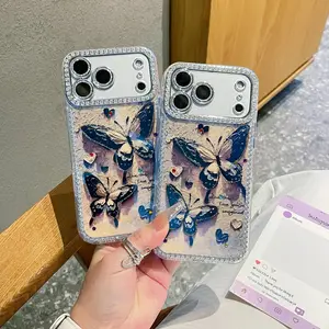 Oil Painting Gradient Butterfly Pattern Protective Phone Case for iPhone 17-14 Series, Includes Lens Film, Unique Luxury High-End Feel