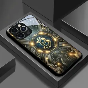 Gold Bitcoin Tech Pattern Glass Case for iPhone 17/16/15/14/13/12/11/8/7 Series, XR/XS Max/x, Anti-Dirty, Fashionable, Trendy