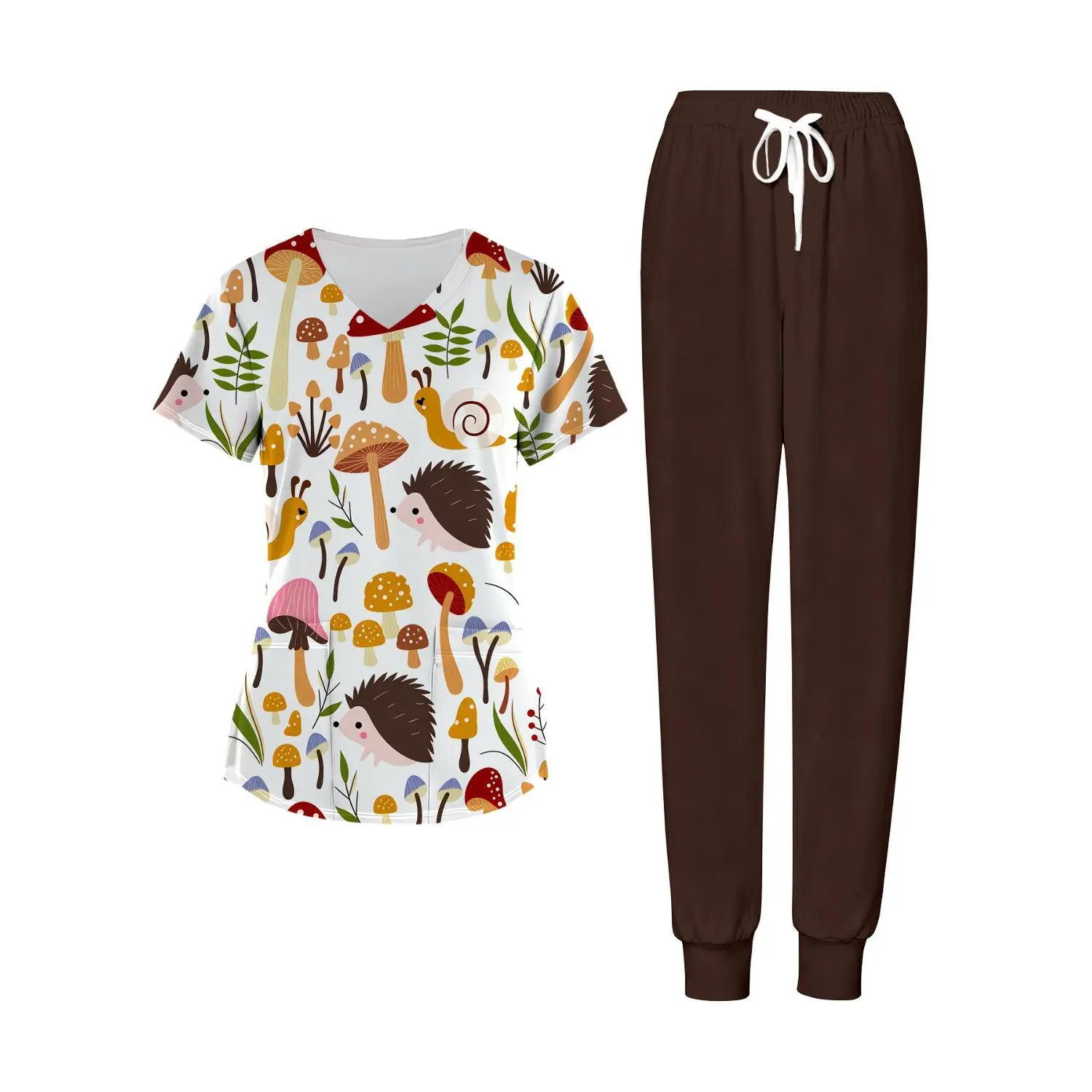 Women's 2-Piece Nurse Uniform Set, Casual Workwear with Mushroom, Hedgehog, and Snail Designs, Ideal for Hospital, Clinic, or Home Care, Comfortable Fabric, Perfect Gift Choice