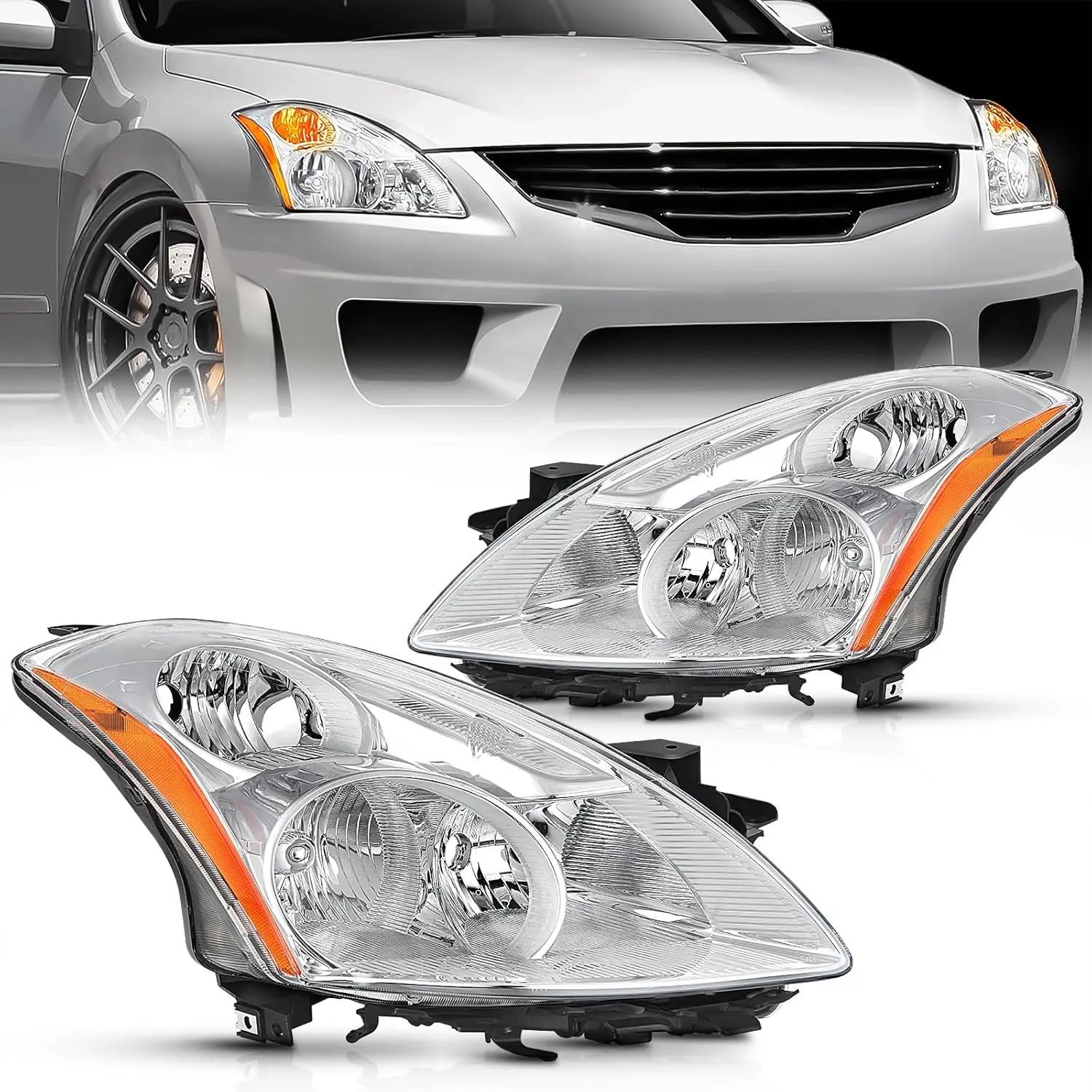 Nilight Headlight Assembly Compatible with 2010 2011 2012 Nissan Altima 4 Door Sedan Replacement Headlamp Chrome Housing Amber Reflector Driver and Passenger Side, Anti-Fog, Chrome Finish, Headlight Vented, Headlight Bulbs, Moisture Resistant