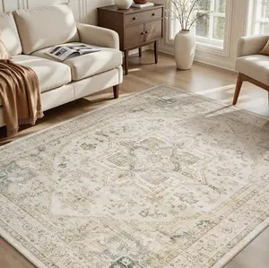 Vintage Medallion Rug, Retro Distressed Design, Washable Non-Slip Area Rug, Farmhouse Aesthetic Home Decor for Living Room, Bedroom, Summervibes