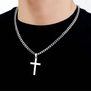 Men's Cross Pendant Necklace, Men's Basic Cross Necklace, Waterproof And Non Fading Stainless Steel Jewelry, High Quality Thin Chain Cross Pendant Necklace, Cuban Chain Cross Necklace, Fashionable Stainless Steel Jewelry Gift For Him,Suitable For Daily We