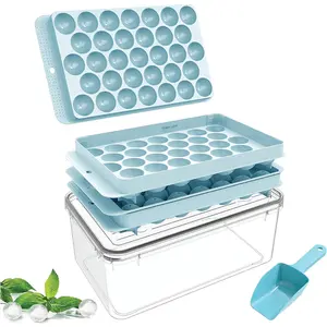 Ice Cube Trays With Lid & Bin Round Ice Mold Making for freezer 66 x 1in Ice Ball, Circle Ice Cube Tray Chilling Cocktail Whiskey Tea Coffee (2 Sphere Ice Trays & 1 Container & scoop) (Clear Lid)