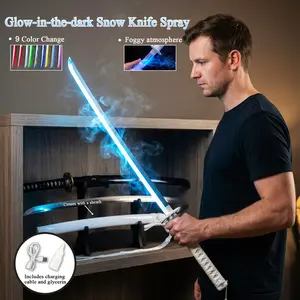 Anime "Demon Slayer" "Bleach" "One Piece Zoro" Cosplay Prop Set – Snow Sword with Glowing Mist Effect & Sword Aura, Includes Scabbard & Unsheathed Sword, Wooden Knife with Sheath, USB Rechargeable LED Samurai Sword.