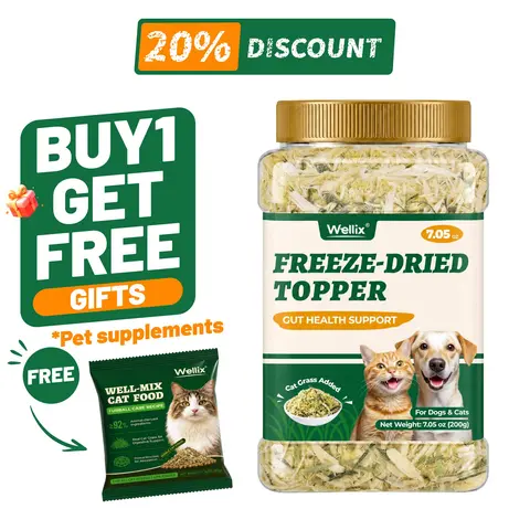 Wellix 7.5oz Cat & Dog Cat Grass Food Topper - Chicken, Egg Yolk, Cat Grass | Freeze Dried Chicken Formula | Low Calorie | Support Hairball Control & Gut Health | Natural, Nutritious, Yummy,#sohochic