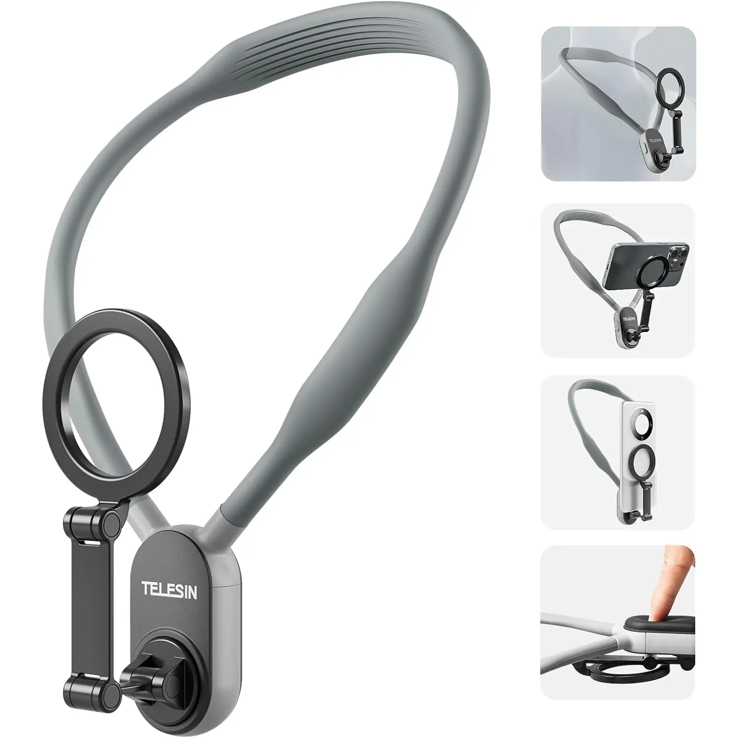 Magnetic Neck Mount for Phones, Neck Cell Phone Holder Pov/Vlog Selfie Mount Hand Free Phone Neck Holder Chest Stand Strap Video Recording for Iphone 16 15 14 13 12 Seires Android Phones Gray TELESIN°