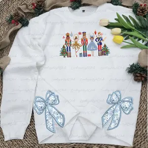 Nutcracker Side Bow Applique Sweatshirt, Ballerina Side Bow Embroidery Sweater, Blue Christmas Side Bow Hoodie, Nutcracker Appliqué Sweater