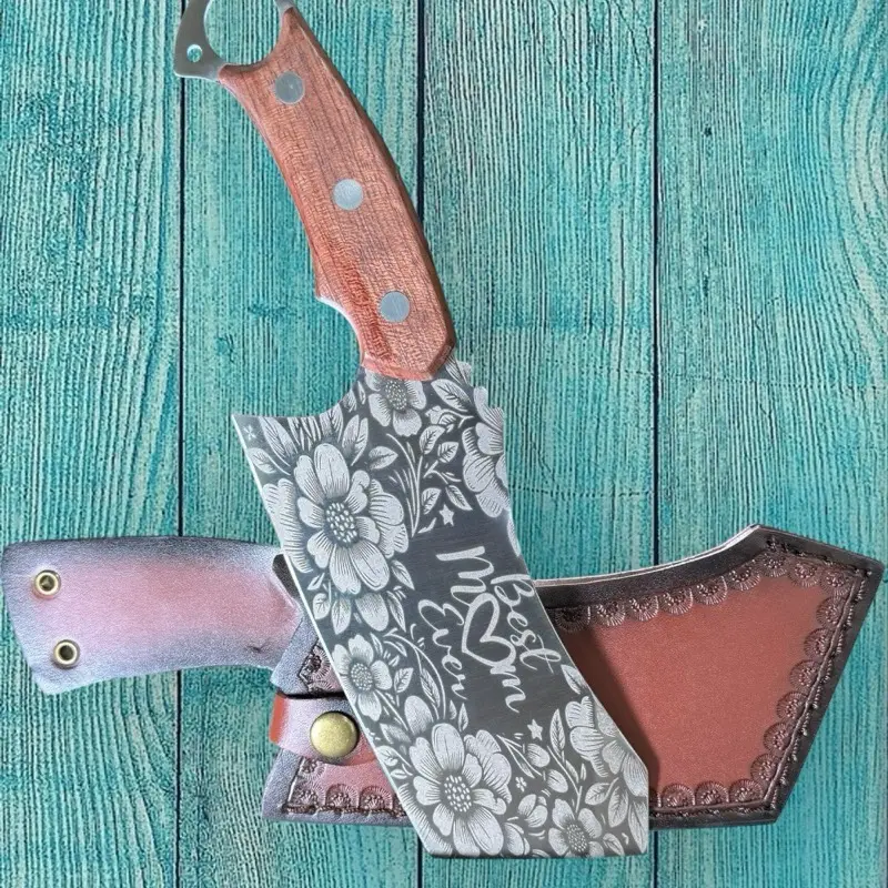 Floral Engraved Cleaver Knife – “Best Mom Ever” Edition with Leather Sheath