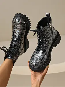 Women's New Style Boots, Leather Short Booties, Side Zipper Leopard Gradient Pattern Thick Sole Round Toe Fashion Motorcycle Boots Cn36-42 Sizes Available