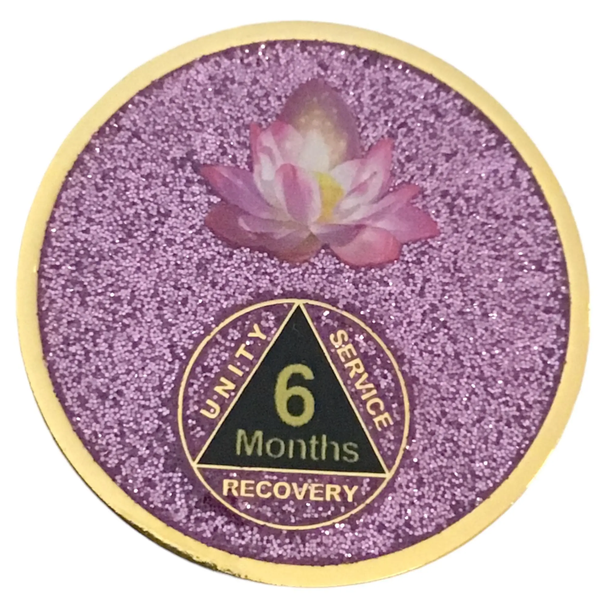 Flowering Lotus Pink Or Purple Glitter Alcohol Sobriety Medallion, Chip, Token, Coin